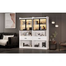 Modfu - Vetrina led, 80x35,2x153,5cm alta con ante in vetro e 1 cassetto grande, libreria, pannello truciolare, bianco/nero