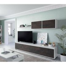 Mobimarket - Meuble Tv De Salon Avec Quatre Portes, Avec Élément Mural Et Étagère, Marron Foncé Et Blanc Brillant, Dimensions Du Meuble Tv 200 X 43 X 