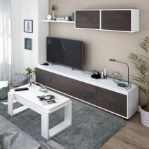 Mobimarket - Meuble tv de salon avec quatre portes, avec élément mural et étagère, marron foncé et blanc brillant, dimensions du meuble tv 200 x 43 x