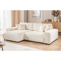 S-style Möbel - Mollis - Ecksofa mit Schlaffunktion und Bettkasten aus Hellbeige Plüschcord mit schöner Sitzkomfort
