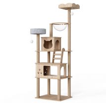 Arbre à chat en bois haudeur de 184 cm avec deux maisons pour chats et un griffoirs avec coussins en peluche amovibles et cabine spatiale