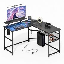 Mondeer - Bureau d'angle en forme de l bureau d'ordinateur led bureau d'ordinateur de jeu avec support d'écran Noir