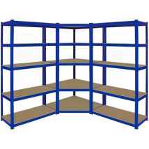 Monster Racking - 2 Estanterías Metálicas Azules T-Rax Sin Tornillos 90x45x180cm + 1 Estantería Esquinera Esquina Rinconera Metálica Azul Capacidad