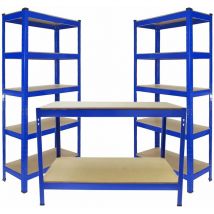 Monster-shop - Monster Racking 2 x Rayonnage T-Rax 90 x 30 x 180 cm Bleu & Etabli de Travail Q-Rax Bleu 120 x 60 x 90 cm Acier Garage Organisation