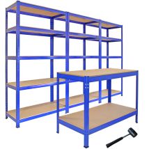Monster Racking - 3 Scaffali T-Rax & Tavolo da Lavoro Q-Rax in Acciaio Senza Bulloni Blu