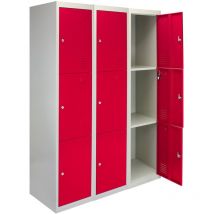 Monster Racking - MonsterShop - 3 Taquillas Metálicas para Montar con 3 Puertas Rojas 45x38x180cm con Estantes llaves Imanes Portatarjetas Nombre