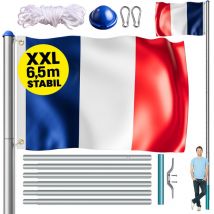 MONZANA Mât de drapeau télescopique aluminium 6,50 m avec cordelette hissage drapeau inclus douille de sol évènement sportif hampe de drapeau France