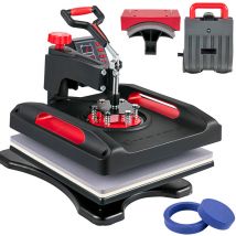 Mophorn - 15 x 15 Zoll Hitzepresse - 360° Schwenkbar Rot, 5-in-1 Shirt-Druck, 1000 w Sublimationsmaschine mit Doppelrohrheizung für Teller, Kappen