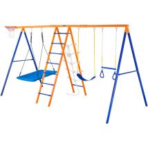 Mophorn - 6-in-1 Swing Set, 440lbs Capacity, 2 Swings, Trapeze, Ladder, Climbing Net, Basketball Hoop for Backyard (en anglais)