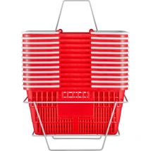 Cestini per la spesa - Set di 12 cestini in plastica resistente rossa da 21 litri con manico e supporto per la spesa. Questi cestini per la spesa
