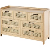Mophorn - Commode en rotin à 7 tiroirs , coffre en bois naturel avec lumière led, organisateur de rangement bohème moderne pour chambre à coucher,
