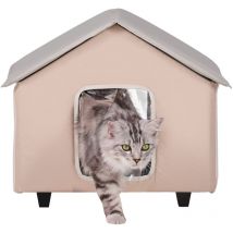 Erhöhtes, beheiztes Katzenhaus – Faltbarer Outdoor-Katzenunterschlupf mit Heizkissen, einstellbarem Thermostat und Timer, Braun (Mittelgroß) - Mophorn