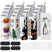 Mophorn - Lot de 16 gobelets droits à sublimation, 590 ml, en acier inoxydable, personnalisables avec accessoires et coffret cadeau