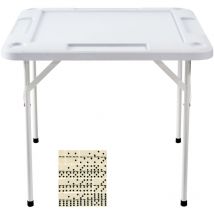 Mahjong Table, Square 4 Player Folding Card Table with 4 Cup Holders & 4 Chip Trays, Portable Domino Game Table with 1 Set of Dominoes for Mahjong