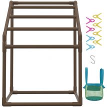 Pool Towel Rack, 5 Bar, Brown. Freestanding outdoor pvc trapezoidal organizer. Comes with 8 towel clips, mesh bag, hook. Stores floats and paddles.