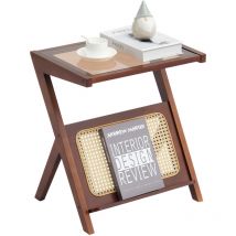 Mophorn - Table basse en rotin,bambou tressé en forme de z avec plateau en verre trempé,table de rangement bohème moderne de 20 pouces,pieds en