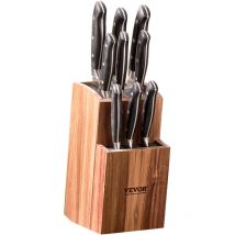 Mophorn Universal Knife Holder, Acacia Wood Knife Block Without Knives, Two-Tier Knife Storage Stand with PP Brush, Extra Large Multifunctional