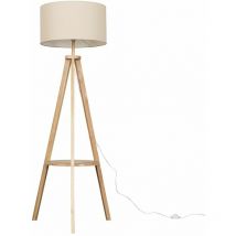 Tripod Shelf Floor Lamp in Light Wood with Large Drum Shade - Beige