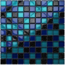 Mosaïque de verre sur maille pour salle de bain ou cuisine 30 cm x 30 cm - Ocean blue