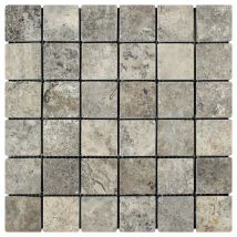 Stone By Stone - Mosaïque Travertin 1er Choix - Silver - 4,8x4,8x1cm - Vieilli - (1 m²)