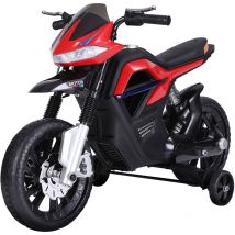 Moto électrique pour enfants 25 w 6 v 3 Km/h effets lumineux et sonores roulettes amovibles rouge