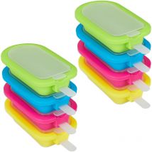 Moules à glace, lot de 8, avec bâtonnes et couvercle, moule sucette glacée, silicone, glaces, multicolore - Relaxdays
