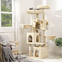 Arbre à Chat pour Chats d'intérieur, Tour à Chat avec 2 Plates-Formes et 3 grottes à Chat, Arbre d'escalade Stable, Beige