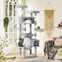 Grand Arbre à Chat, xxl de 193 cm de Haut, pour grands Chats Stable avec 2 niches, 2 Plateformes, hamac, Arbre à Chat à Plusieurs Niveaux, Gris Clair