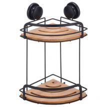 Etagère de douche d'angle à ventouses 2 Niveaux Bambou & Acier Noir mat MSV