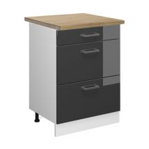 Mueble bajo de cocina R-Line, Antracita alto brillo, 60 cm con cajones, et Roble Vicco