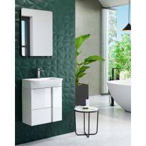 Mueble Baño Suspendido Fondo Reducido con Lavabo Cerámico 1 Cajón 2 Puertas 55cm Blanco Brillo Tirador Cromo