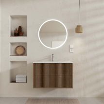 Aurlane - Mueble de Baño 2 cajones 80 Roble y Negro - Lavabo Blanco - Espejo led 70