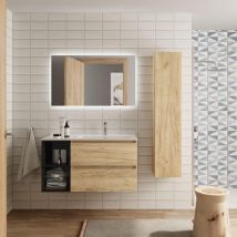Salgar - Mueble baño Bequia 90 cm Roble y coqueta izquierda Negro con Lavabo