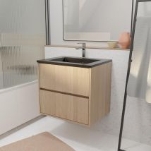 Aurlane - Mueble de baño 60 cm 2 Cajones Roble Claro + Lavabo de Cerámica Negra
