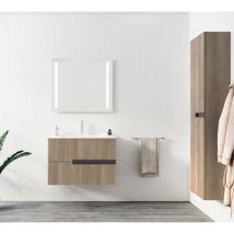 Mueble de baño 80 cm Roble Oscuro - 2 cajones y lavabo de cerámica blanca