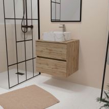 Mueble de Baño 60cm Roble 2 Cajones + Lavabo Blanco 38x38x13 Efecto Mármol