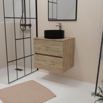 Aurlane - Mueble de Baño 60cm 2 Cajones Roble Natural + Lavabo Redondo Negro Ø36cm