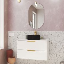 Mueble de baño 80 cm Blanco y Oro - Lavabo Negro- Espejo y aplique Led