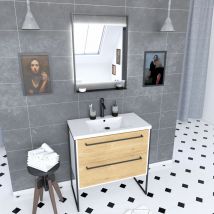 Aurlane - Mueble de baño 80x50 cm Blanco - 2 cajones roble natural - Lavabo blanco- Espejo led