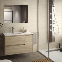 Toscohome - Mueble de baño colgante de 90 cm color roble con lavabo y espejo - Resia