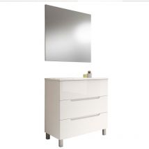 Kibath - Mueble de baño con Lavabo, Espejo y Aplique led victoria 100x45 cm acabado blanco mate 3 cajones con patas