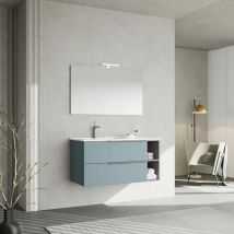Mueble De Baño De Pared 100Cm Azul Claro, Lavabo Y Espejo Con Lámpara New York