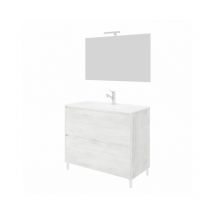 Mueble de baño de pie de 80 cm en madera de roble blanco con lavabo y espejo - Francia - Con columna espejo y lámpara LED