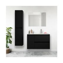 Caesaroo - Mueble de baño suspendido de 85 cm en madera negro satinado con lavabo incorporado - Nova - Con espejo y lámpara led