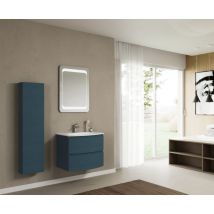 Abitare - Mueble de baño suspendido de 70 cm en madera azul petróleo con lavabo - Arona - Colonna e specchio rotondo touch con led