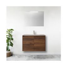 Mueble de baño suspendido de 80 cm con dos puertas en madera de nogal maya con lavabo incorporado - Nova - Con espejo y lámpara LED
