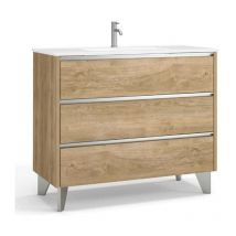 Baño Total - Mueble Baño al Suelo con Lavabo Cerámico 3 Cajones Cierre Amortiguado y Organizador 60 cm Roble Natural Tirador Cromo