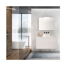 Mueble de baño suspendido de 100 cm en madera blanca satinada con lavabo tipo cubeta - Olympus - 100 cm Con espejo y lámpara LED
