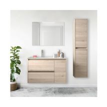 Abitare - Mueble de baño suspendido de 85 cm en madera natural con lavabo de porcelana - Nova - Con espejo y lámpara led