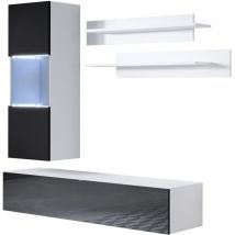 Mb Moebel - Mueble de salón con led Composición de salón tv Mueble tv Conjunto de Salón Ancho 160cm Modelo Luke 6C Blanco y Negro Acabado brillo